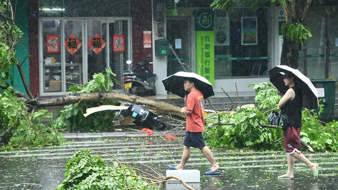 Residents walk past fallen trees amid strong wind and heavy rain as Typhoon Yagi makes landfall on September 6, 2024 in Qionghai, Hainan Province of China.