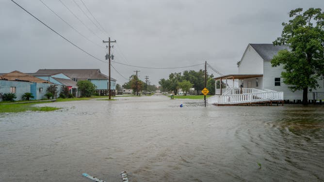 Floodwaters fill a neighborhood as Hurricane Francine hits Dulac, Louisiana, on September 11, 2024.