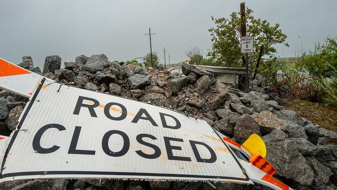 A road will be closed prior to the arrival of Hurricane Francine in Dulac, Louisiana on September 11, 2024.