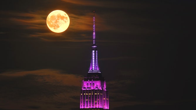 The full Harvest Supermoon rises behind the Empire State Building in New York City on September 17, 2024, as seen from Union City, New Jersey.