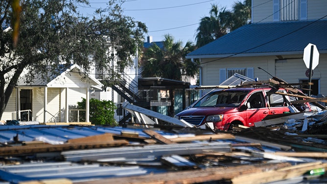 Debris left by Hurricane Helene after making landfall are seen in Cedar Key, Florida, on September 27, 2024.