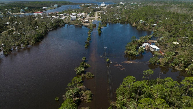 This aerial photo taken on September 27, 2024 shows a flooded street after Hurricane Helene made landfall in Steinhatchee, Florida.