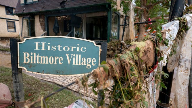 Damage from flooding in the Biltmore Village in the aftermath of Hurricane Helene on September 28, 2024 in Asheville, North Carolina.