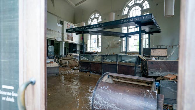 Flood damage to a building in Biltmore Village following Hurricane Helene on September 28, 2024 in Asheville, North Carolina.