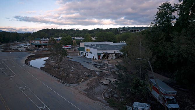 Flood damage in the aftermath of Hurricane Helene on September 29, 2024 in Asheville, North Carolina.