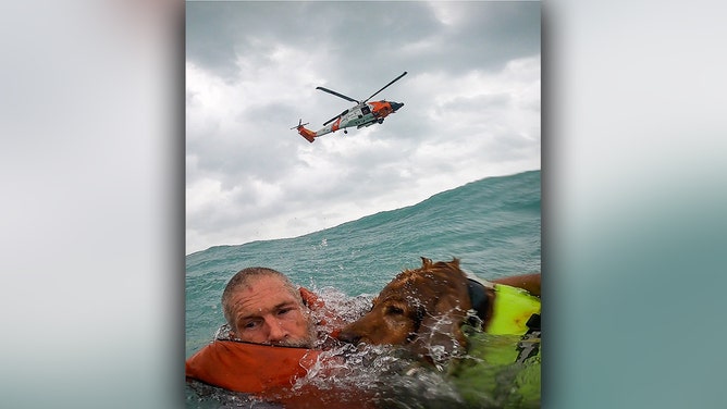 The U.S. Coast Guard Air Station in Clearwater rescued a man and his dog from a disabled sailboat on Thursday during Hurricane Helene. The 36-foot sailboat was taking on water approximately 25 miles off Sanibel Island, Florida.