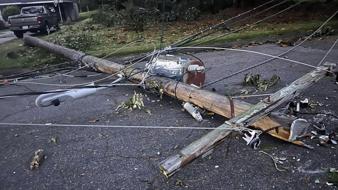 A fallen power pole in Augusta, Georgia after Hurricane Helene