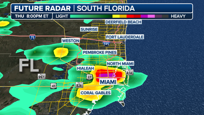 FOX Weather's Future Radar shows storms at the start of the Bills-Dolphins game in Miami on Thursday.