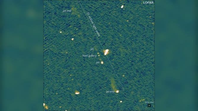 This picture, taken by Europe's LOFAR (LOw Frequency ARray) radio telescope, shows the longest known pair of black hole jets. Nicknamed Porphyrion after a Greek giant by co-discoverer Aivin Gast of the University of Oxford, the jet system spans 23 million light-years, the equivalent of 140 Milky Way galaxies lined up back to back. The galaxy hosting the supermassive black hole, which is 7.5 billion light-years away, is a dot in the center of the image. The largest blob-like structure near the center is a separate smaller jet system. The relative size of our Milky Way galaxy is indicated in the lower, right corner.