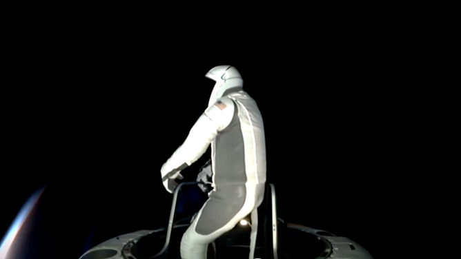 SpaceX Polaris Dawn Crew Commander Jared Isaacman outside the Dragon spacecraft on Sept. 12, 2024.