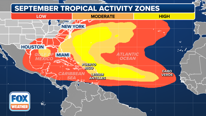 This map shows where tropical cyclone activity tends to occur during September. The data are shown as the combined number of tropical depressions, tropical storms and hurricanes whose centers pass within 125 miles of a point on the map during a 100-year period.