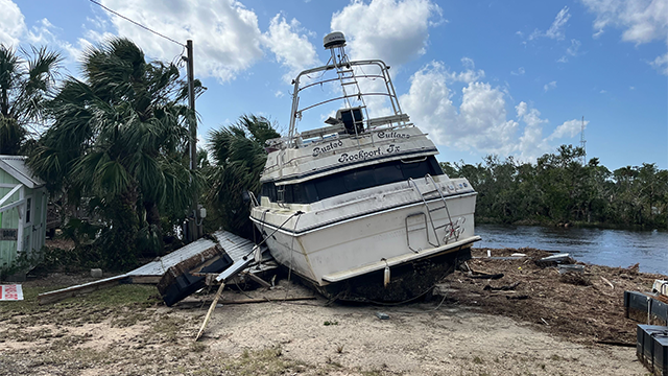 Major damage from storm surge flooding is seen after Hurricane Helene in Steinhatchee, Florida, on Friday, Sept. 27, 2024.