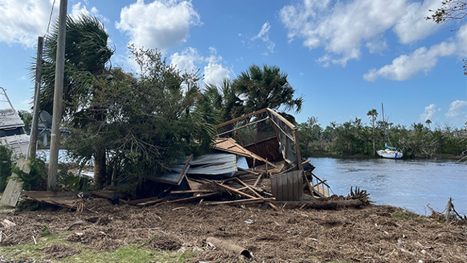 Major damage from storm surge flooding is seen after Hurricane Helene in Steinhatchee, Florida, on Friday, Sept. 27, 2024.