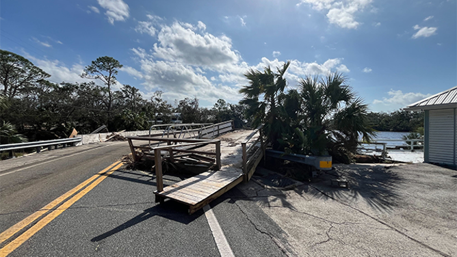 Major damage from storm surge flooding is seen after Hurricane Helene in Steinhatchee, Florida, on Friday, Sept. 27, 2024.