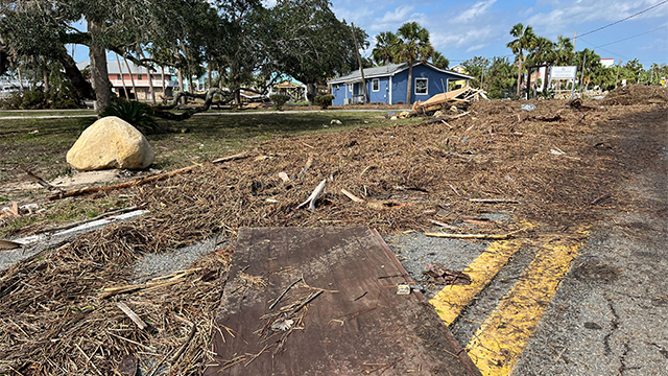 Major damage from storm surge flooding is seen after Hurricane Helene in Steinhatchee, Florida, on Friday, Sept. 27, 2024.