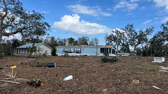 Major damage from storm surge flooding is seen after Hurricane Helene in Steinhatchee, Florida, on Friday, Sept. 27, 2024.