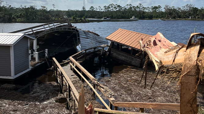 Major damage from storm surge flooding is seen after Hurricane Helene in Steinhatchee, Florida, on Friday, Sept. 27, 2024.