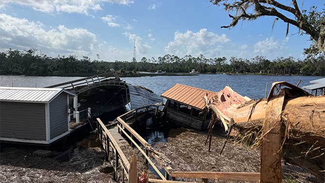 Major damage from storm surge flooding is seen after Hurricane Helene in Steinhatchee, Florida, on Friday, Sept. 27, 2024.