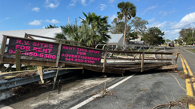 Major damage from storm surge flooding is seen after Hurricane Helene in Steinhatchee, Florida, on Friday, Sept. 27, 2024.