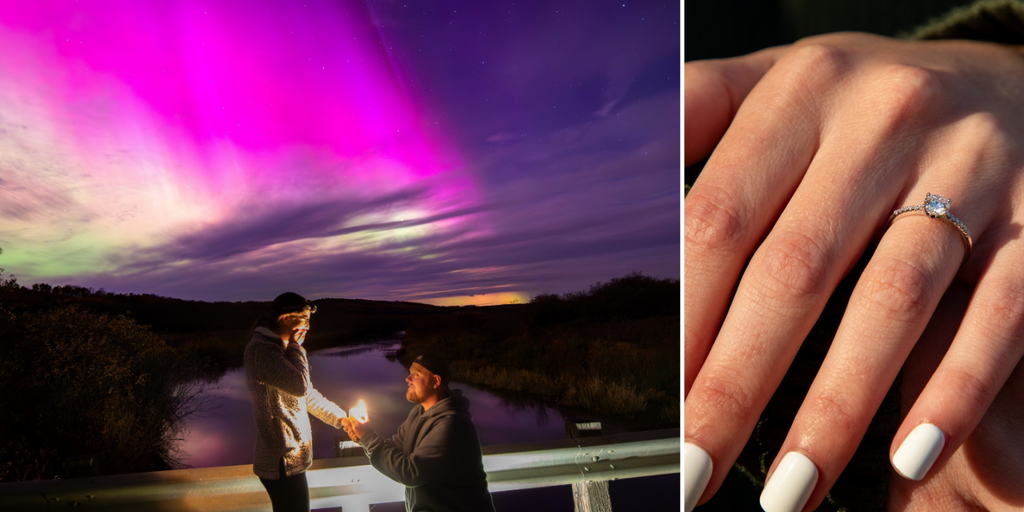 De verloving van het stel onder het oogverblindende schouwspel van het noorderlicht