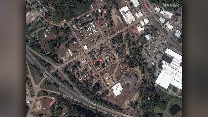 Maxar collected new satellite imagery on Wednesday that reveals some of the flooding aftermath caused by Hurricane Helene as the storm swept through North Carolina.