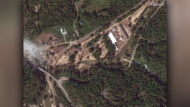 Maxar collected new satellite imagery on Wednesday that reveals some of the flooding aftermath caused by Hurricane Helene as the storm swept through North Carolina.