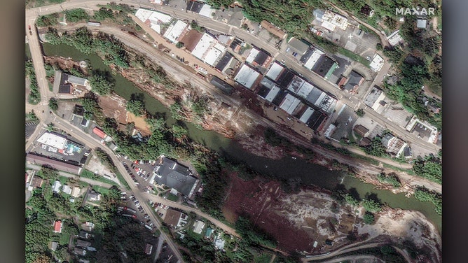 Maxar collected new satellite imagery on Wednesday that reveals some of the flooding aftermath caused by Hurricane Helene as the storm swept through North Carolina.
