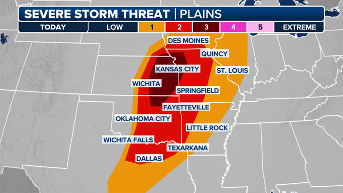 This graphic shows the severe weather threat on Wednesday, Oct. 30, 2024.