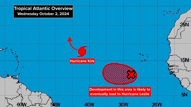 The outlook for Hurricane Kirk and a disturbance near Africa.