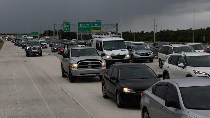 Traffic is heavy as thousands evacuate ahead of Hurricane Milton as it churns in the Gulf of Mexico on October 07, 2024, in St. Petersburg, Florida.