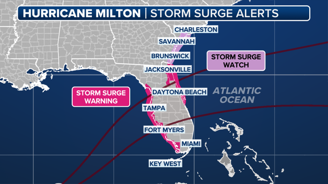 This graphic shows storm surge alerts in Florida due to Hurricane Milton.