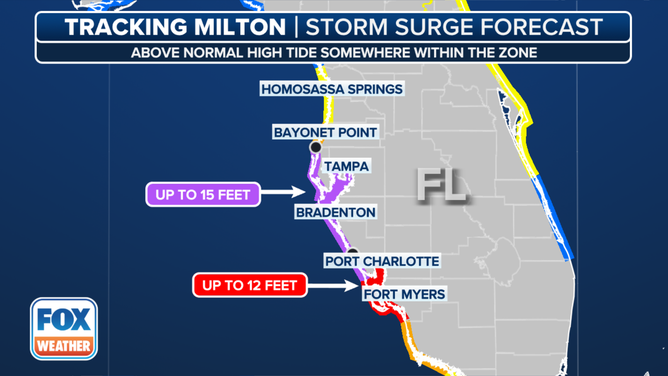 This graphic shows the storm surge forecast in Florida due to Hurricane Milton.