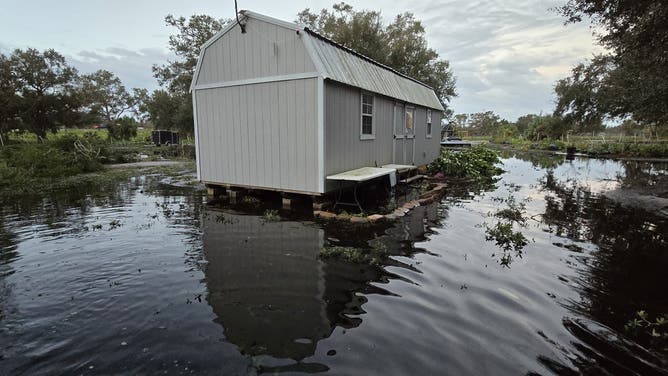 What once stood on solid ground at Atchison Exotics is now surrounded by standing water in the wake of Hurricane Milton.