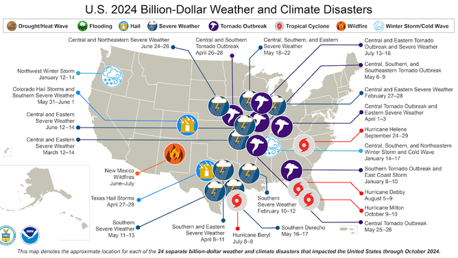 この NOAA NCEI マップは、2024 年の時点で米国内のすべての 10 億ドル規模の災害のおおよその位置を示しています。