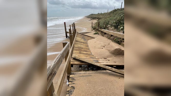 Damage to a boardwalk in Canaveral National Seashore after Hurricane Milton