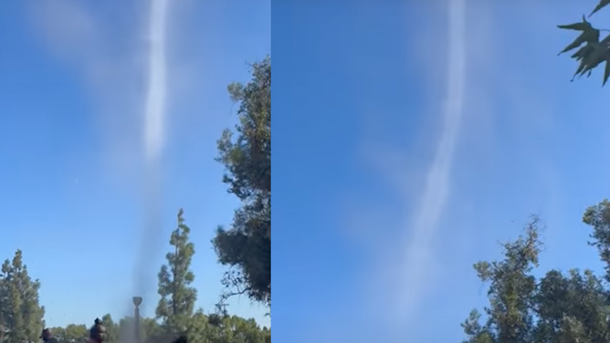 Side-by-side photos of the dust devil seen near a youth football game on Saturday, Oct. 19, 2024 in Rancho Cucamonga, California.