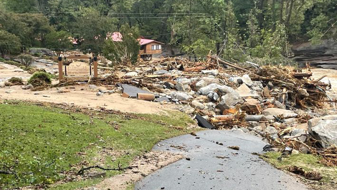 Damage along Lake Lure Highway near Chimney Rock, North Carolina on Sept. 28, 2024.