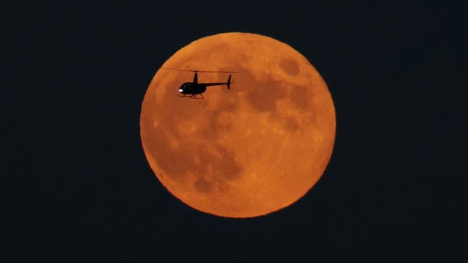 A helicopter flies in front of the full Hunter's Moon rising over New York City on October 28, 2023, as seen from Jersey City, New Jersey.