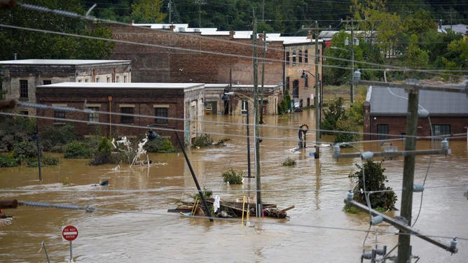 Heavy rains from hurricane Helene caused record flooding and damage on September 28, 2024 in Asheville, North Carolina.