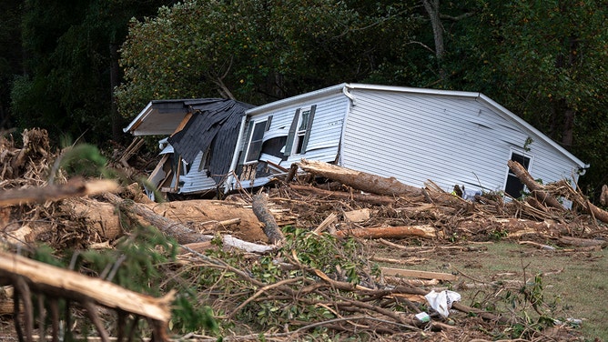 A destroyed home in the aftermath of Hurricane Helene on September 30, 2024 near Black Mountain, North Carolina.