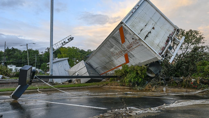 A view of the damaged area at Asheville along with the western part of North-Carolina is devastated by the heavy rains and flooding after Hurricane Helene in Asheville, on September 30, 2024.