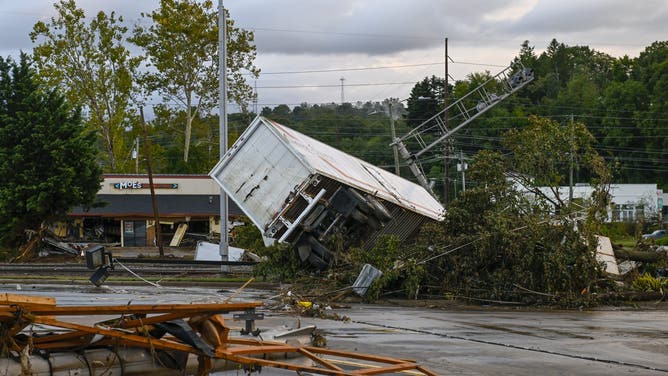 ASHEVILLE, USA - SEPTEMBER 30: A view of the damaged area at Asheville along with the western part of North-Carolina is devastated by the heavy rains and flooding after Hurricane Helene in Asheville, United States on September 30, 2024 (Photo by Peter Zay/Anadolu via Getty Images)