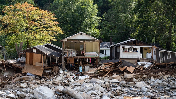 Destroyed homes are seen in Chimney Rock, North Carolina, on October 2, 2024, following Hurricane Helene.