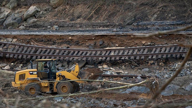 A damaged railway track is seen in Green Mountain, North Carolina, October 6, 2024, in the aftermath of Hurricane Helene.