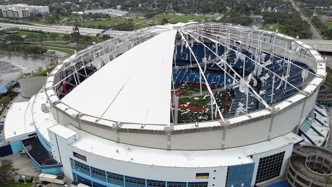 A drone image shows the dome of Tropicana Field ripped open by Hurricane Milton in St. Petersburg, Florida, on October 10, 2024.