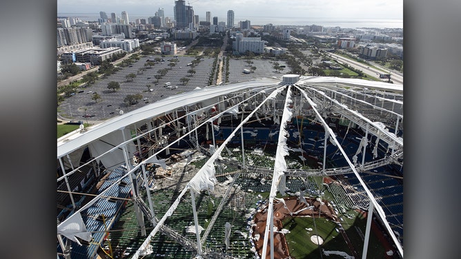 A drone image shows the dome of Tropicana Field which has been torn open due to Hurricane Milton in St. Petersburg, Florida, on October 10, 2024.