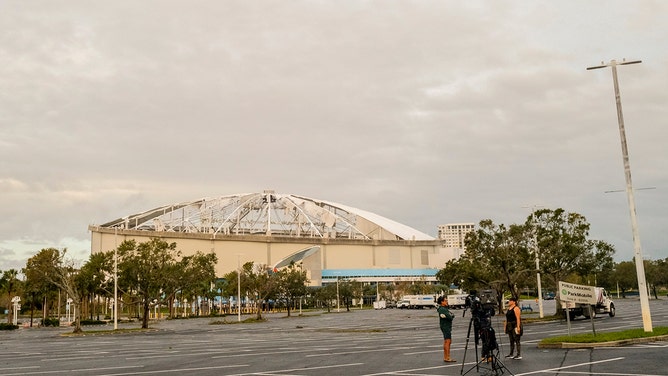 Roof damage at Tropicana Field after Hurricane Milton made landfall in St. Petersburg, Florida, USA, Thursday, October 10, 2024.