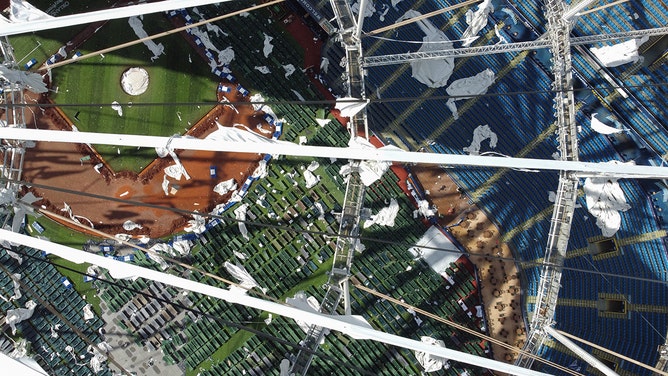 A drone image shows the dome of Tropicana Field which has been torn open due to Hurricane Milton in St. Petersburg, Florida, on October 10, 2024.