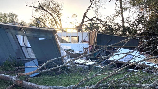 FORT PIERCE, FLORIDA, UNITED STATES - OCTOBER 12: A mobile home destroyed by a tornado associated with Hurricane Milton is seen on October 12, 2024 in the Lakewood Park community of Fort Pierce, Florida. The owner of the residence was home when the tornado hit and is hospitalized. (Photo by Paul Hennesy/Anadolu via Getty Images)