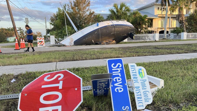 Damage from Hurricane Milton occurs in Punta Gorda, Florida, on October 12, 2024. Hurricane Milton makes landfall near Siesta Key, Florida, on Wednesday night as a Category 3 storm. Officials confirm that at least 23 people die from the storm. Milton moves across the Florida peninsula on Thursday and over the Atlantic Ocean. More than 1.3 million customers are without power in Florida on Saturday, according to a utility tracker. (Photo by Thomas O'Neill/NurPhoto via Getty Images)